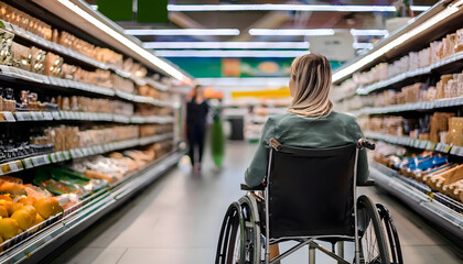 Obraz premium Disabled person in a wheelchair shopping in a supermarket.