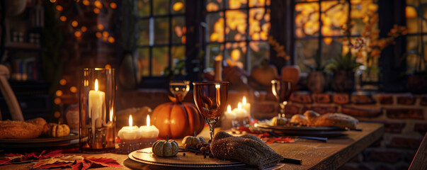 A cozy autumn evening with a candlelit dinner, a table set with fall-themed decor, and the aroma of