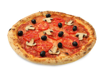 Delicious pizza with tomatoes, mushrooms and black olives isolated on white