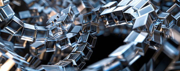 A futuristic geometric design with mirrored glass cubes, arranged in a spiral formation on a black