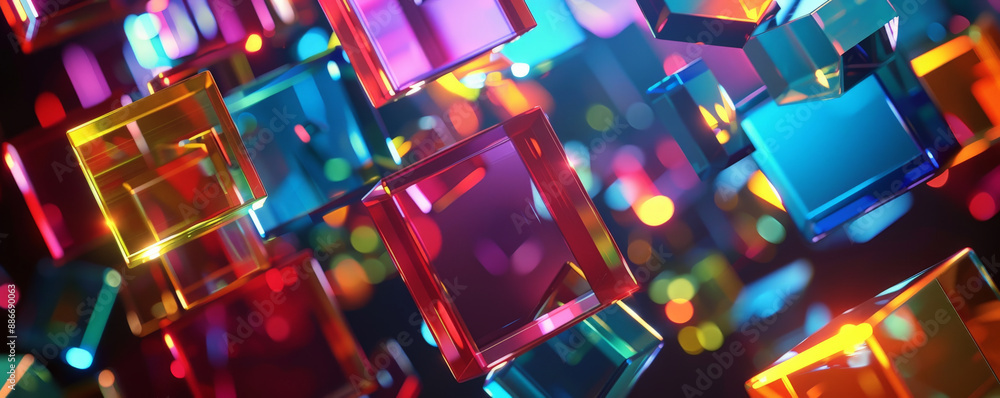 Poster a dynamic geometric pattern with colorful glass cubes in various sizes, forming a 3d mosaic on a