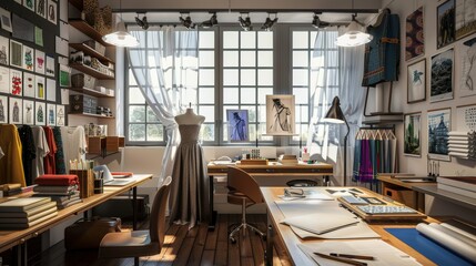 Chic Couture Creations Fashion Studio with Sketches Swatches and Dress Form