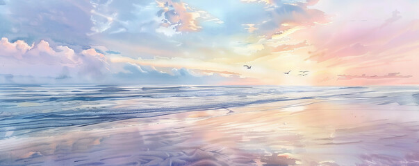 Obraz premium A peaceful watercolor painting of an empty beach at dawn, with pastel colors in the sky reflecting on the calm ocean. Soft waves gently touch the shore, and distant seagulls are seen flying over the