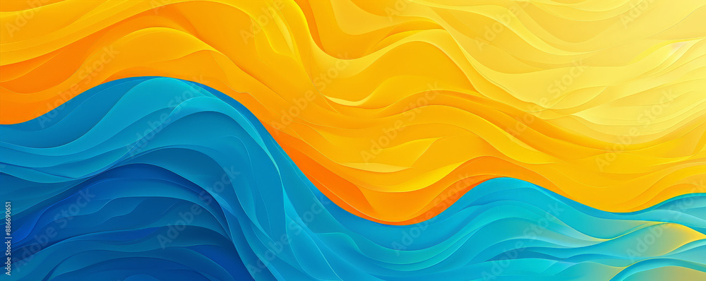 Poster a radiant gradient color wave pattern with bold transitions from yellow to blue, featuring smooth, u