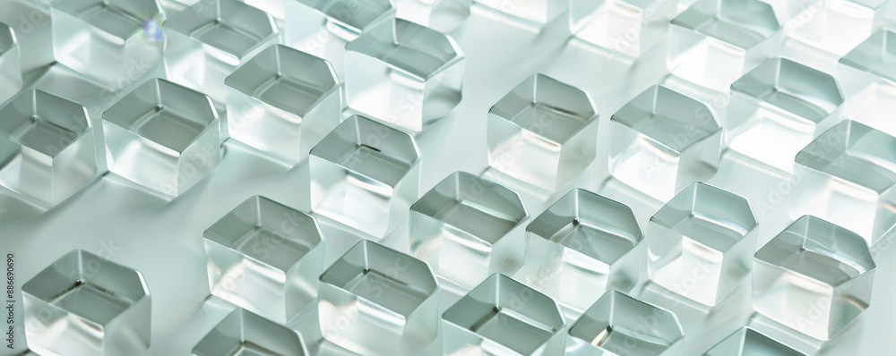 Poster a sophisticated geometric pattern with clear glass cubes, arranged in a hexagonal grid on a white ba