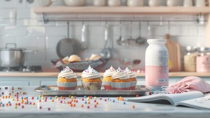 Fototapeta premium Sensational Sweetness Vibrant Cupcakes and Creative Chaos in a Home Bakery