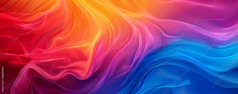 Poster a vibrant rainbow gradient wave design with smooth, undulating curves and a rich blend of colors, fr