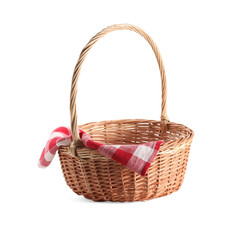 One picnic wicker basket with checkered napkin isolated on white