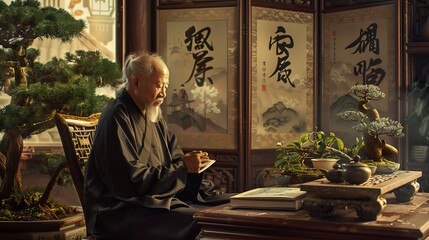 Old Chinese Man Meditating on Confucian Philosophy in Tranquil Tea House with Cultural Symbols and Natural Harmony