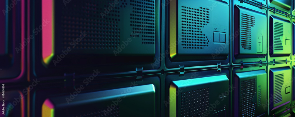 Poster a futuristic abstract background featuring a segmented metallic panel with a matte black finish, set