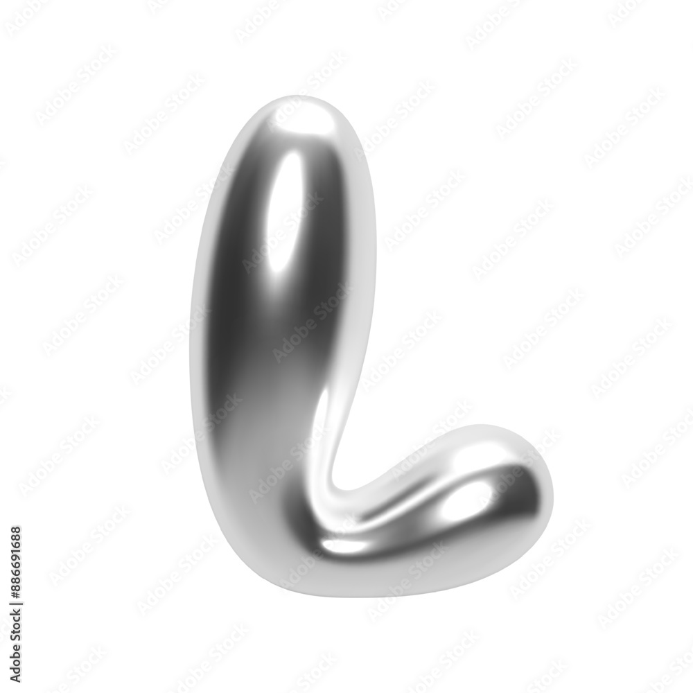 Poster 3d chrome bubble letter l in y2k futuristic style. shiny silver glossy surface with inflated liquid 