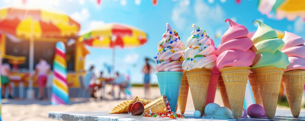 A delicious summer ice cream stand with a variety of flavors, people enjoying cones and cups, and a
