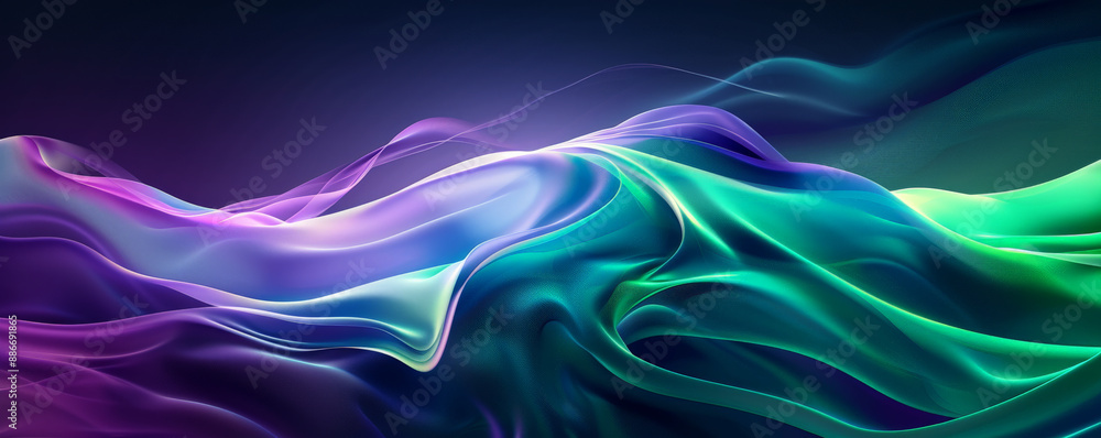 Poster a dynamic gradient color wave pattern with vibrant transitions from purple to green, featuring
