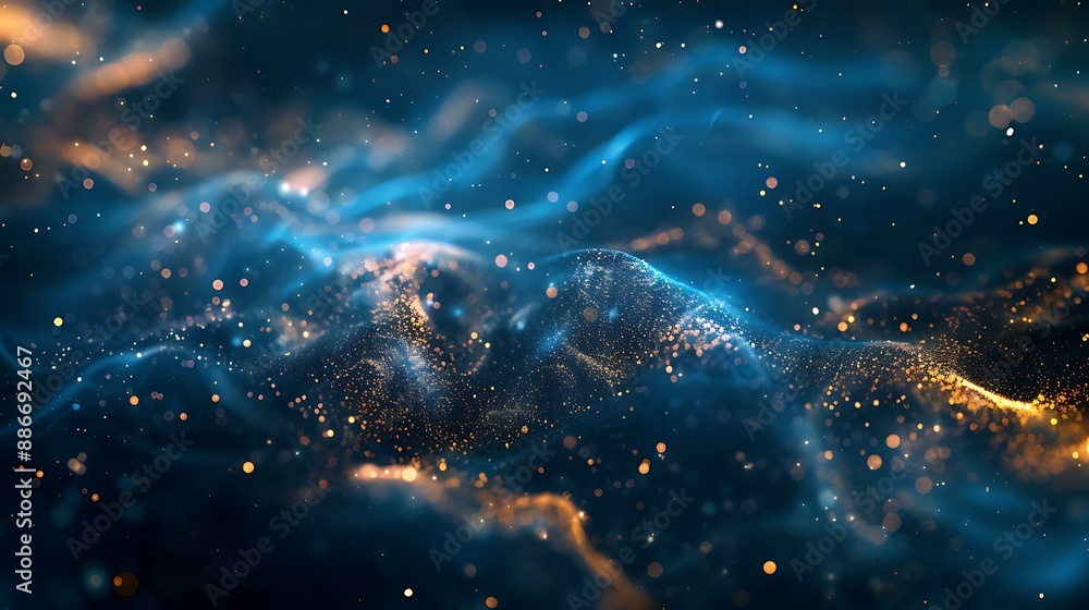 Poster deep blue abstract background enhanced with delicate, glowing gold particles forming intricate patte