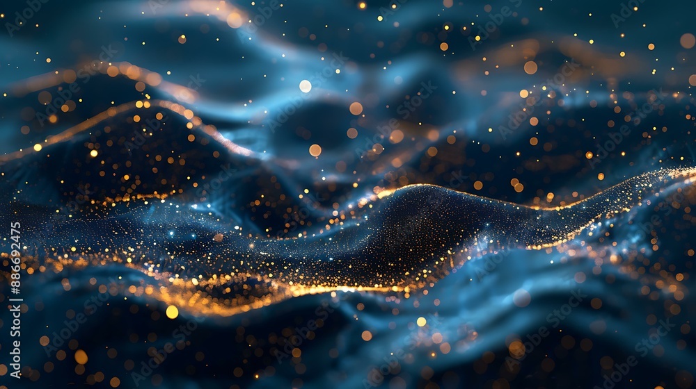 Poster deep blue abstract background enhanced with delicate, glowing gold particles forming intricate patte