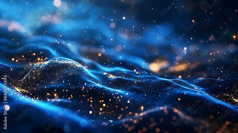 Poster deep blue abstract background enhanced with delicate, glowing gold particles forming intricate patte