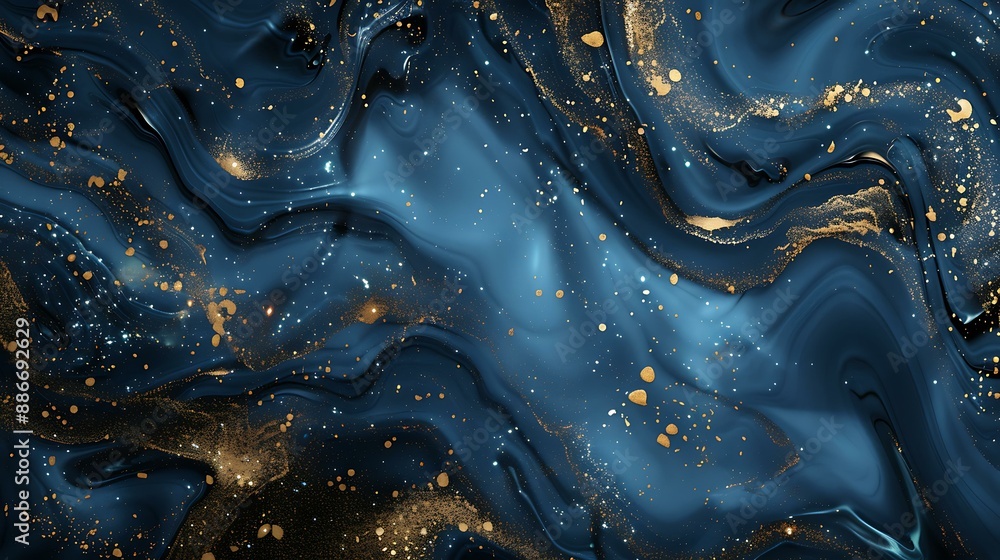 Poster mysterious dark blue surface with scattered gold particles adding a touch of opulence and depth