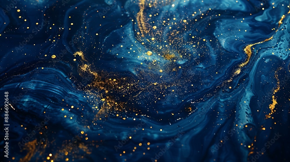 Poster mysterious dark blue surface with scattered gold particles adding a touch of opulence and depth