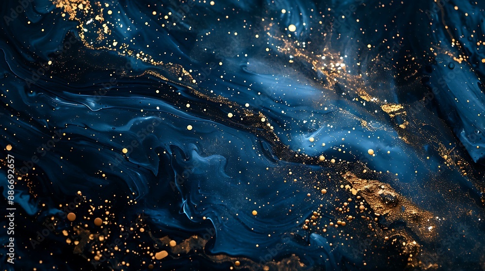 Poster mysterious dark blue surface with scattered gold particles adding a touch of opulence and depth