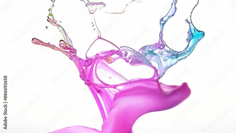 Poster a pink and blue liquid splash against a white background. the splash is in mid-air, with the liquid 