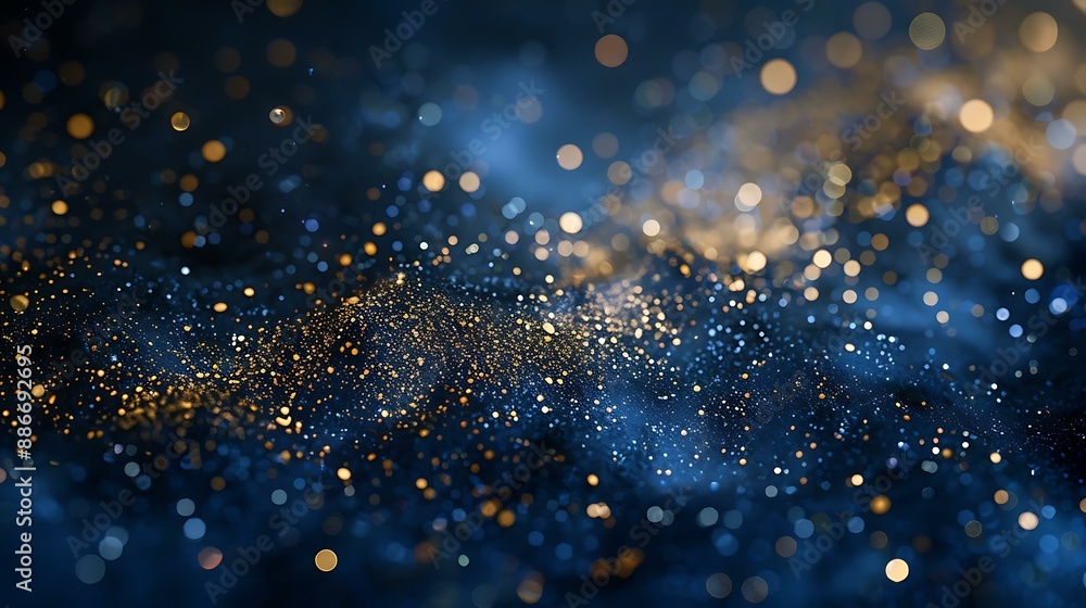 Poster mysterious dark blue surface with scattered gold particles adding a touch of opulence and depth