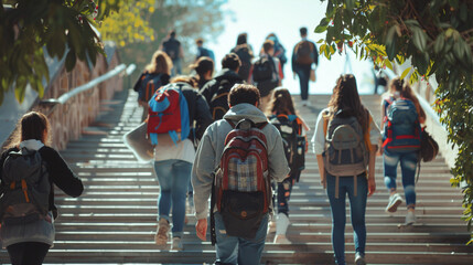 Teenagers with backpacks walking up the steps towards the entrance of their school 
