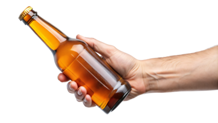 A hand holding a cold beer bottle against a white background