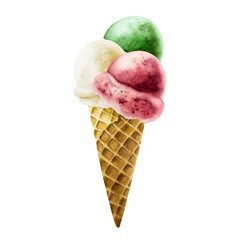 Scoop of vanilla, pistachio, mint, apple, strawberry, cherry, raspberry ice cream in crispy waffle cone. Hand painting sweet watercolor illustration isolated on background. For designers, menu, shop