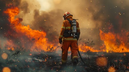 Naklejka premium Brave Firefighter Battling a Fierce Wildfire