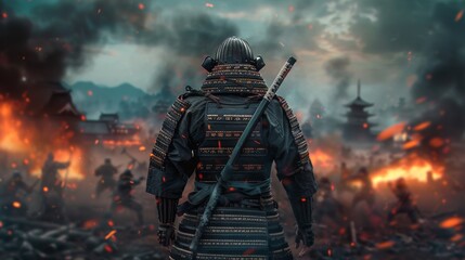 Naklejka premium Epic Samurai Warrior in Fiery Battle Scene