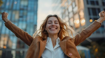 Joyful Businesswoman Celebrates Career Milestone with Raised Arms Proud and Accomplished Professional Success