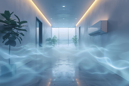 An air conditioner in a minimalist office space, with soft blue waves representing cool air flow, cooling the room, - Powered by Adobe