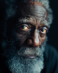 Senior african man with grey long beard and hair. Portrait against dark background.