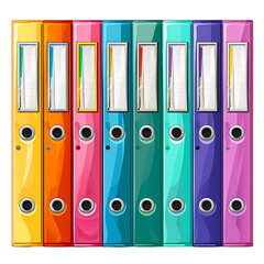 Colorful row of office folders in various shades isolated on transparency PNG background, ideal for vibrant business presentations or organizational concepts.