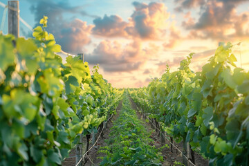 Naklejka premium A vineyard with a beautiful sunset in the background