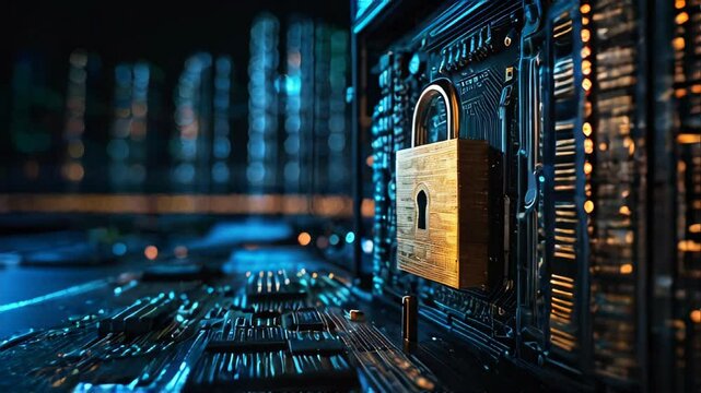 Lock icon on digital circuit board background, illustrating cyber security and data protection concepts, technology, digital security and IT infrastructure. For content related to data protection, 