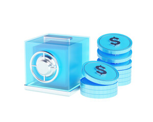 3d Safe box icon with a blue stack of dollars money 