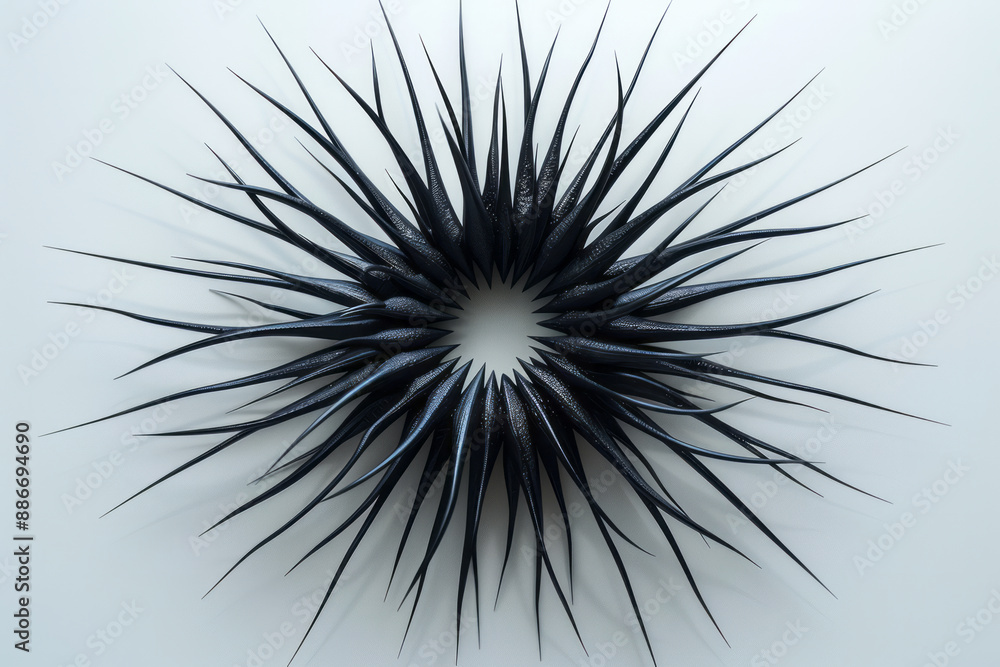 Poster abstract minimalist design with sharp black spikes radiating from a central point on a white backgro