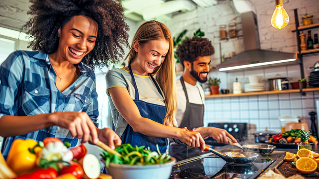 Freunde kochen zusammen.