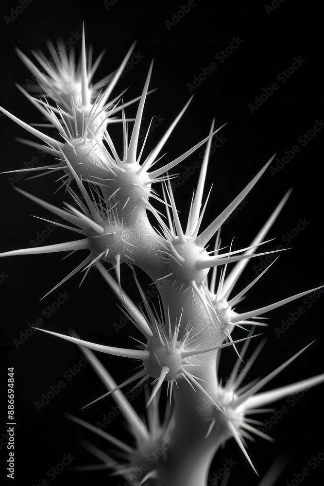 Poster minimalist design featuring sharp, white spikes on a solid black background, creating a high contras