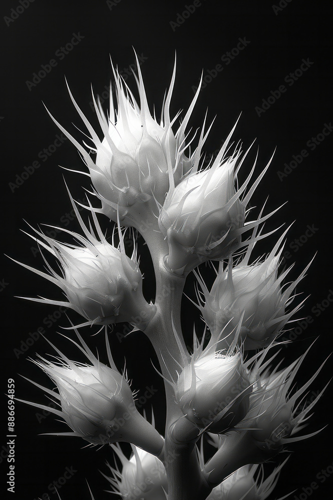 Poster minimalist design featuring sharp, white spikes on a solid black background, creating a high contras