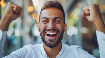 Thrilled entrepreneur celebrates business success milestone with smile