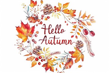 Watercolor autumn wreath with leaves, berries, pine cones, and "Hello Autumn" text