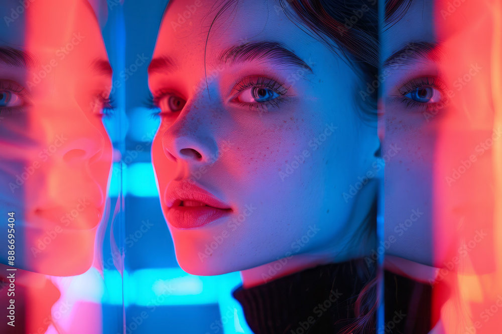 Poster a minimalist depiction of a girl with her face reflected in multiple mirrors, each showing a differe