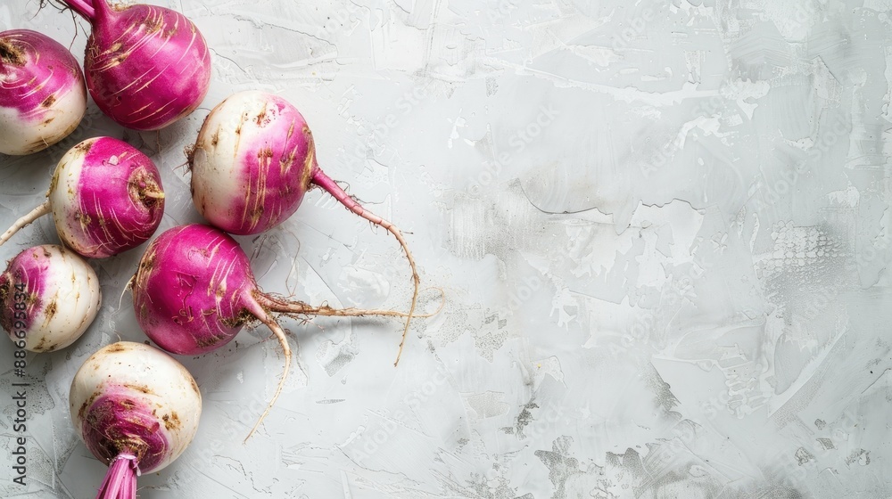 Poster multiple ripe turnips on a white background with space for text