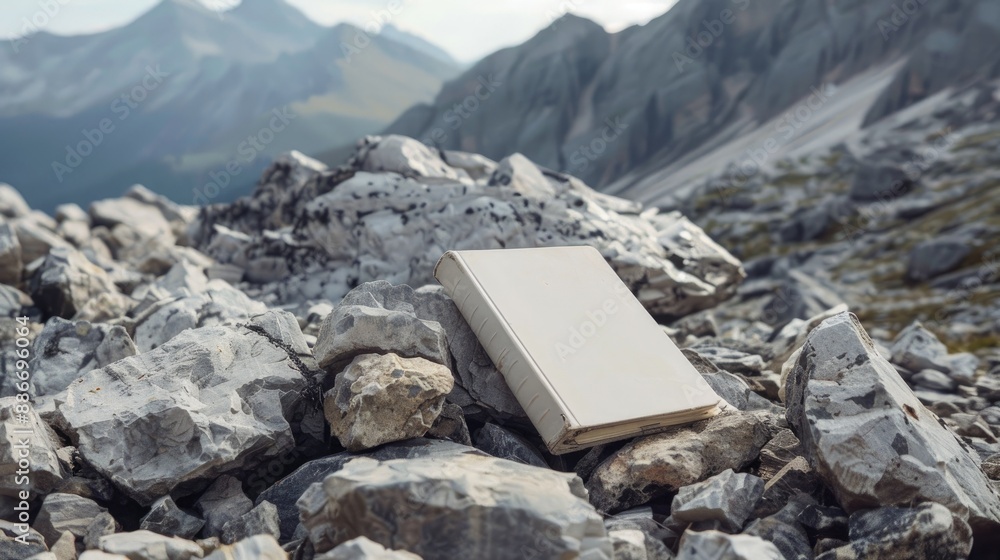 Poster notebook on pile of rocks in mountains studio shoot for product superior image quality