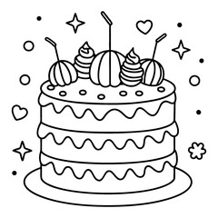 A fanciful, multi-layered cake coloring page in black and white lines.