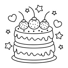 A fanciful, multi-layered cake coloring page in black and white lines.