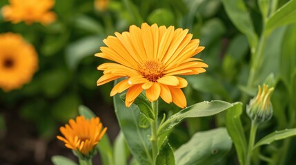 Orange daisy flower in bloom with green leaves in the background