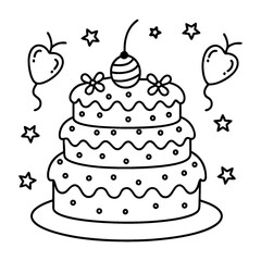 A fanciful, multi-layered cake coloring page in black and white lines.